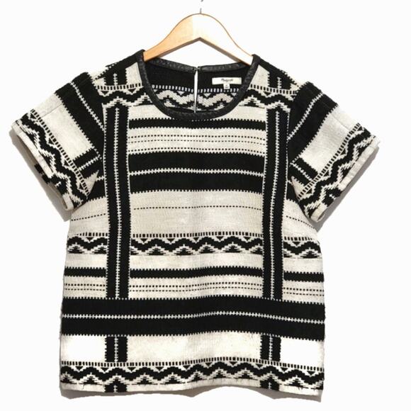 Madewell Crew Neck Striped Short Sleeve Knit Top Black White Geometric M - Picture 2 of 12